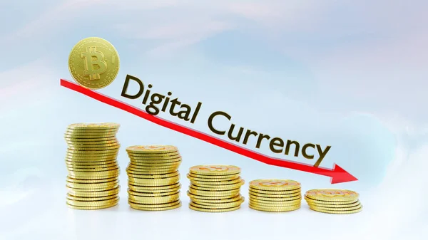 光の背景に概念的なデジタル通貨コインの3Dイラスト 金貨の上に下がる赤い矢印 ストック写真