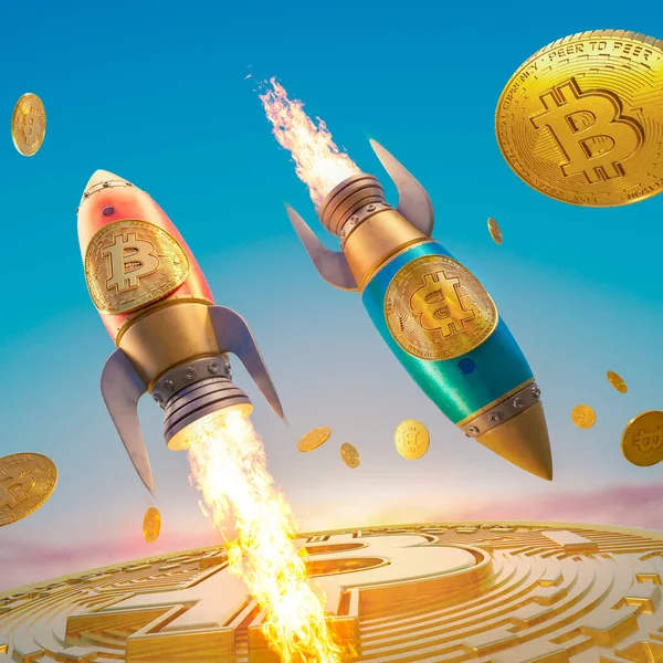 Ілюстрація Криптовалютних Монет Прикріплених Ракет Концептуальний Рендеринг Зростання Падіння Економіки Стокова Картинка