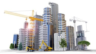 Kavramsal kentsel bina inşaatının 3 boyutlu çizimi. Çoklu gökdelenlerin ve binaların geniş açılı görüntüsü devasa vinçler ve kazıcılarla inşa ediliyor. Beyaz arkaplanda izole.