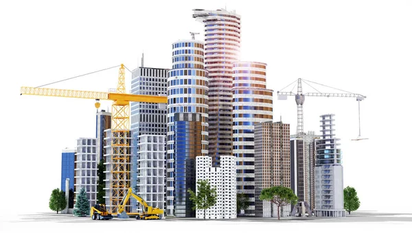 3D render of conceptual urban building construction. Multiple skyscrapers and buildings are under construction with gigantic cranes and diggers. Isolated on white background.
