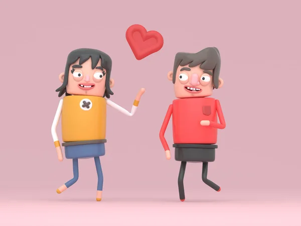 Mädchen Geben Rotes Herz Jungen Liebe Romantisch Illustration — Stockfoto