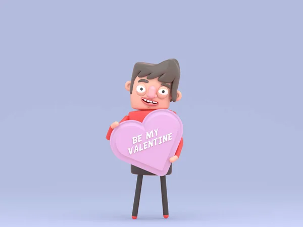 可爱的男孩带着粉红的爱心心形文字 3D说明 — 图库照片