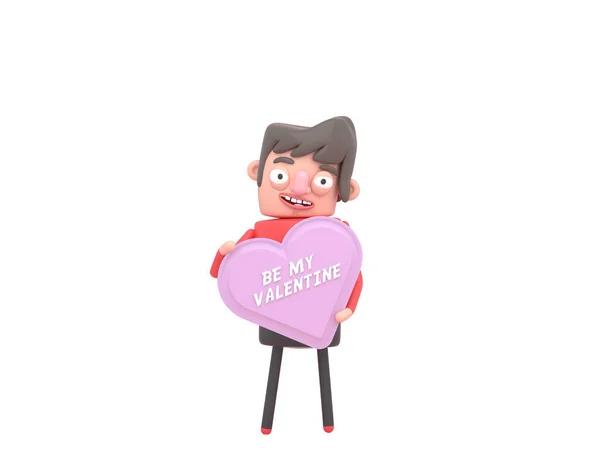 Lovely Boy Holding Pink Loved Heart Shape Text Illustration Isolated — Stock Photo, Image