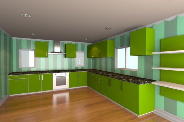 kitchen room with green wallpaper clipart