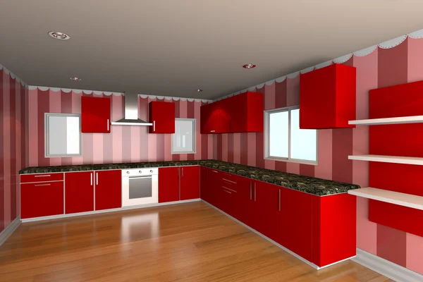 Kuchyň pokoj s červenou tapetu — Stock fotografie