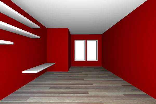 Rotes, leeres Wohnzimmer mit Holzboden — Stockfoto