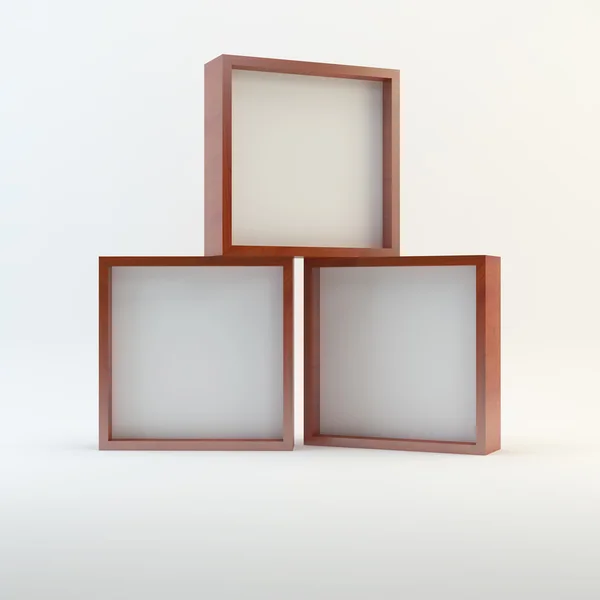 Trzy drewniane pudełko pusty ekran — Zdjęcie stockowe