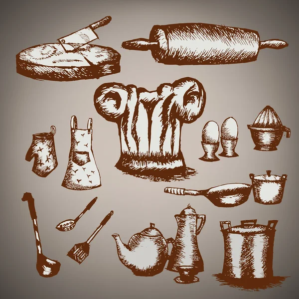 Cocina conjunto dibujar mano — Archivo Imágenes Vectoriales