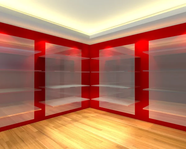 Skleněné police v červené prázdné místnosti — Stock fotografie