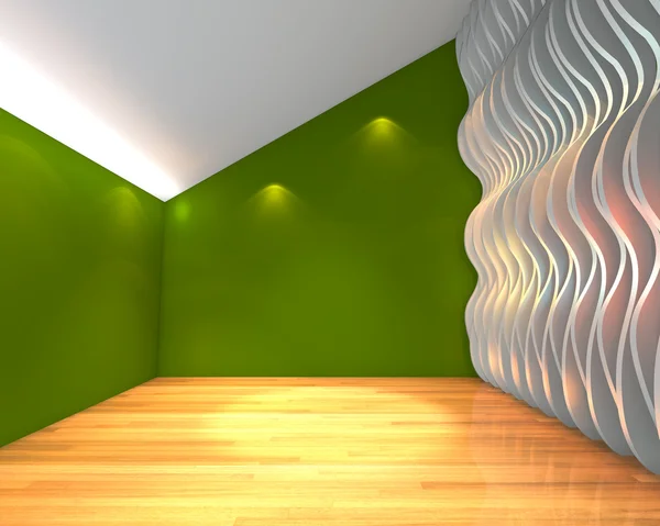 Абстрактная зеленая пустая комната с волновой стеной — стоковое фото