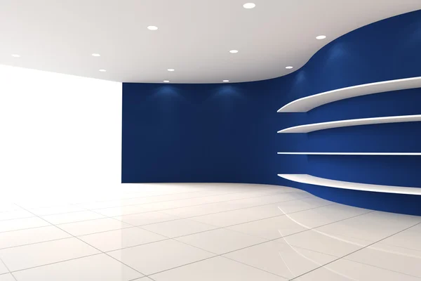 Quarto vazio da parede azul da curva com prateleiras — Fotografia de Stock