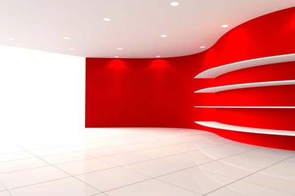 Krzywa czerwone ściany pustym pokoju z półkami — Zdjęcie stockowe