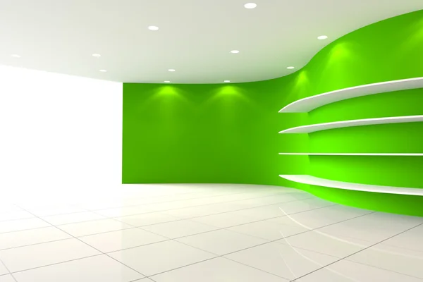 Kurve grüne Wand leerer Raum mit Regalen — Stockfoto