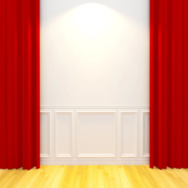Chambre blanche vintage vide avec rideau rouge — Photo