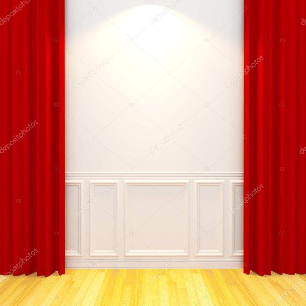 White vintage empty room with red curtain