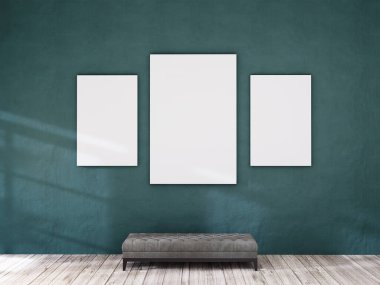 Antika ahşap döşemeleri ve boyalı duvarları olan boş bir odada bir fotoğraf çerçevesi var. 3B görüntüleme