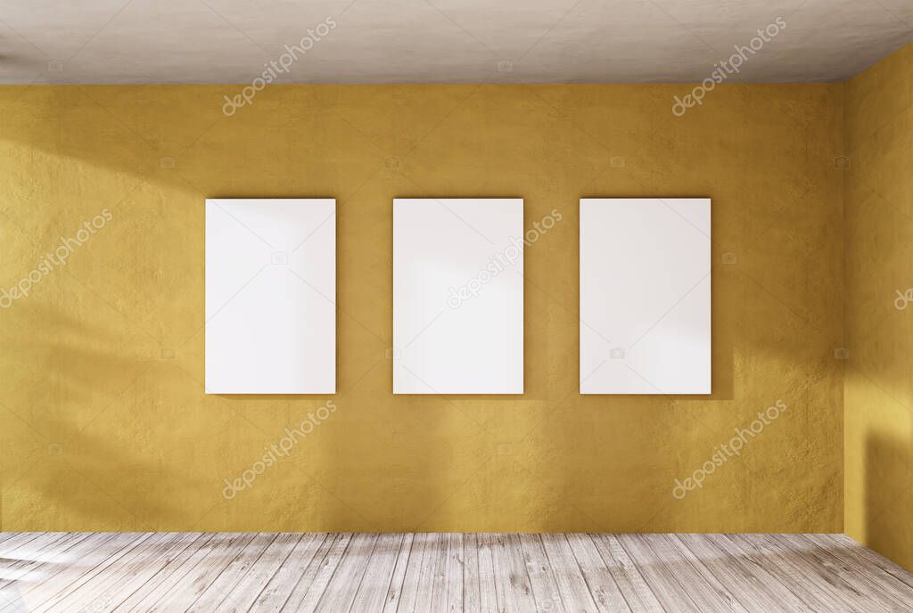 Empty room with antique wooden floors and painted walls holds a photo frame. 3D rendering