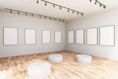 Galeri, Sanal Müze 'deki boş bir odada çerçevelenmiş fotoğraflar, gelişmiş gerçeklik ve bilgisayar medya konsepti olarak fütüristik bir medya işareti olarak resimlendirilmiş, 3D