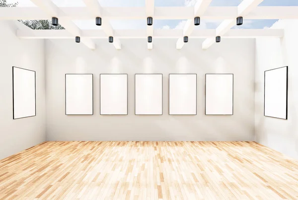 虚拟博物馆画廊空房间里的相框照片 作为一种未来流媒体符号展示 如增强的真实感和计算机媒体概念的图解风格 3D渲染 — 图库照片