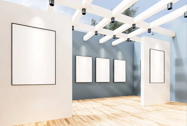 仮想博物館のギャラリーの空の部屋でフレーム化された写真は イラストスタイル 3Dレンダリングで拡張現実とコンピュータメディアコンセプトとして未来的なストリーミングメディアサインとして表示されます — ストック写真