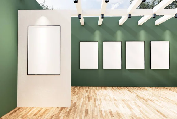 Framed photos in an empty room in Gallery, Virtual Museum, display as a futuristic streaming media sign as augmented reality and computer media concept in illustration style, 3D rendering