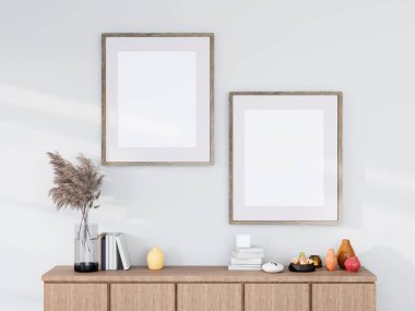 Poster çerçevesini modern iç plan, oturma odası, yerin üstündeki duvara monte edilmiş dolaplar. Bunun üstünde, 3 boyutlu dekorasyon, İskandinav tarzı dekorasyonlar var.