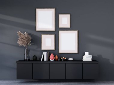 Poster çerçevesini modern iç plan, oturma odası, yerin üstündeki duvara monte edilmiş dolaplar. Bunun üstünde, 3 boyutlu dekorasyon, İskandinav tarzı dekorasyonlar var.