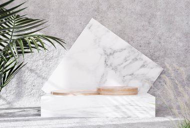 Beyaz arka planı olan ahşap bir kürsü. 3d oluşturma