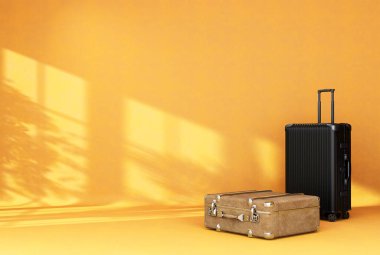 Ulaşım için sarı arka planda siyah bavul ya da bagaj çantası. 3B Hazırlama