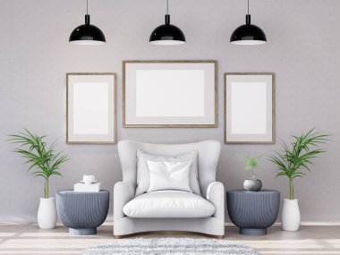 Poster çerçevesini modern iç plan, oturma odası, dekorasyonlar, İskandinav tarzı, 3D görüntüleme.