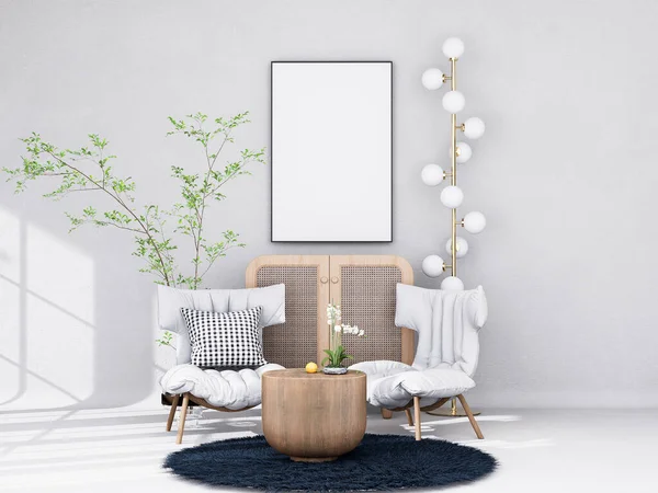 현대의 인테리어 거실에 포스터 프레임을 장식들이 있습니다 스칸디나비아 스타일 렌더링 — 스톡 사진