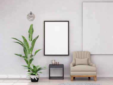 Poster çerçevesini modern iç plan, oturma odası, dekorasyonlar, İskandinav tarzı, 3D görüntüleme.