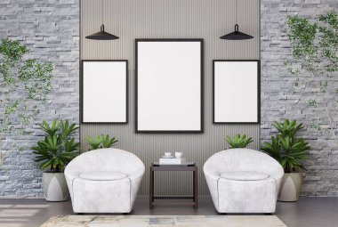 Poster çerçevesini modern iç plan, oturma odası, dekorasyonlar, İskandinav tarzı, 3D görüntüleme.