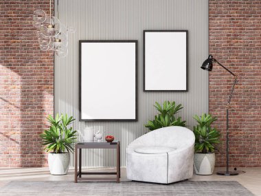 Poster çerçevesini modern iç plan, oturma odası, dekorasyonlar, İskandinav tarzı, 3D görüntüleme.