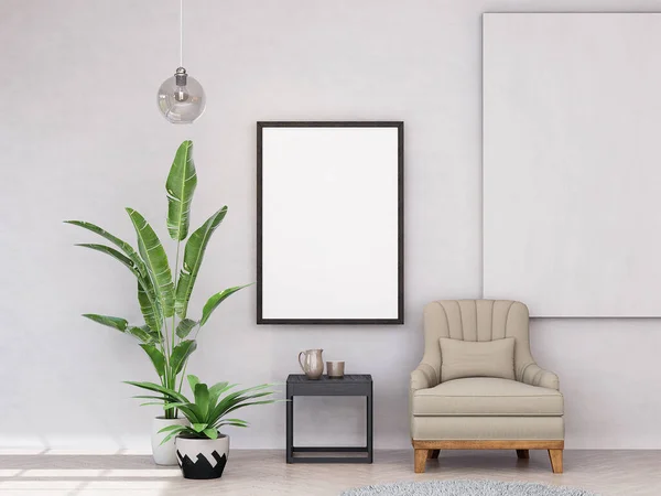 현대의 인테리어 거실에 포스터 프레임을 장식들이 있습니다 스칸디나비아 스타일 렌더링 — 스톡 사진