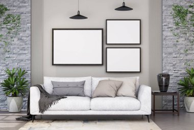 Poster çerçevesini modern iç plan, oturma odası, dekorasyonlar, İskandinav tarzı, 3D görüntüleme.