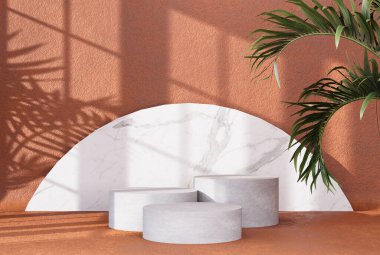 Podium product display stand with nature leaves on abstract background. 3D rendering