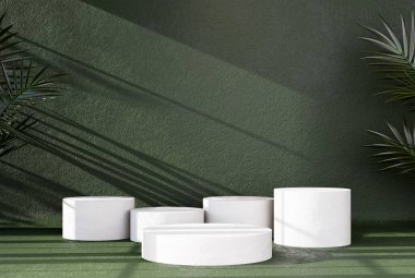 Yeşil arka planda doğa yaprakları olan podyum ürün standı. 3B görüntüleme