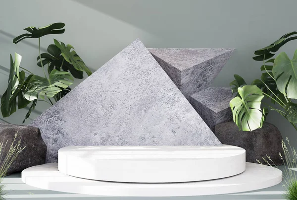 Podium product display stand with nature leaves on abstract background. 3D rendering