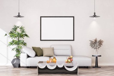 Poster çerçevesini modern iç plan, oturma odası, dekorasyonlar, İskandinav tarzı, 3D görüntüleme.