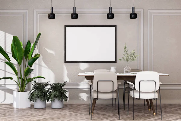 Poster çerçevesini modern iç plan, yemek odası, dekorasyon, İskandinav tarzı, 3D görüntüleme.