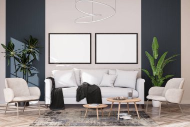Poster çerçevesini modern iç plan, oturma odası, dekorasyonlar, İskandinav tarzı, 3D görüntüleme.