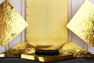 Soyut altın arkaplanlı ürün sunumu podyumu. 3d oluşturma