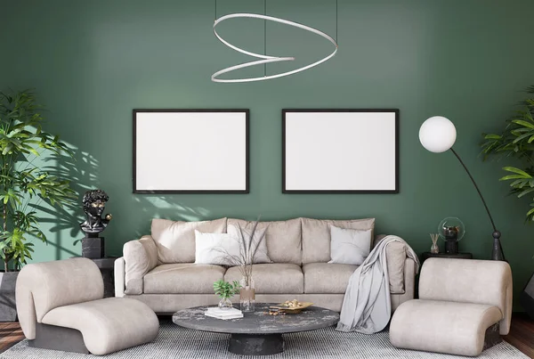 Poster çerçevesini modern iç plan, oturma odası, dekorasyonlar, İskandinav tarzı, 3D görüntüleme.