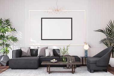 Poster çerçevesini modern iç plan, oturma odası, dekorasyonlar, İskandinav tarzı, 3D görüntüleme.