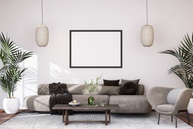 Poster çerçevesini modern iç plan, oturma odası, dekorasyonlar, İskandinav tarzı, 3D görüntüleme.