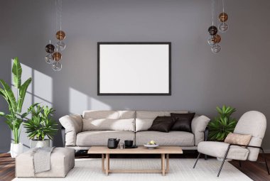 Poster çerçevesini modern iç plan, oturma odası, dekorasyonlar, İskandinav tarzı, 3D görüntüleme.