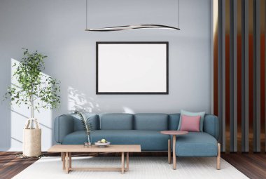 Poster çerçevesini modern iç plan, oturma odası, dekorasyonlar, İskandinav tarzı, 3D görüntüleme.