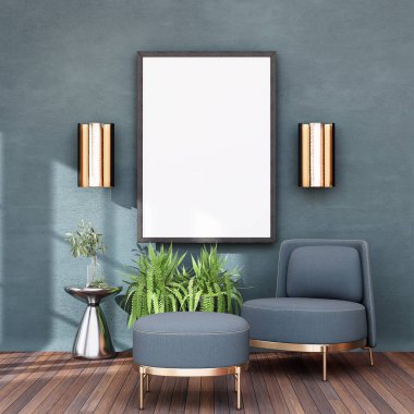 Poster çerçevesini modern iç plan, oturma odası, dekorasyonlar, İskandinav tarzı, 3D görüntüleme.