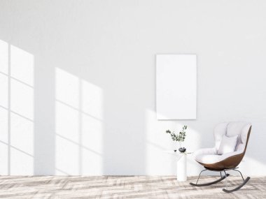 Poster çerçevesini modern iç plan, oturma odası, dekorasyonlar, İskandinav tarzı, 3D görüntüleme.